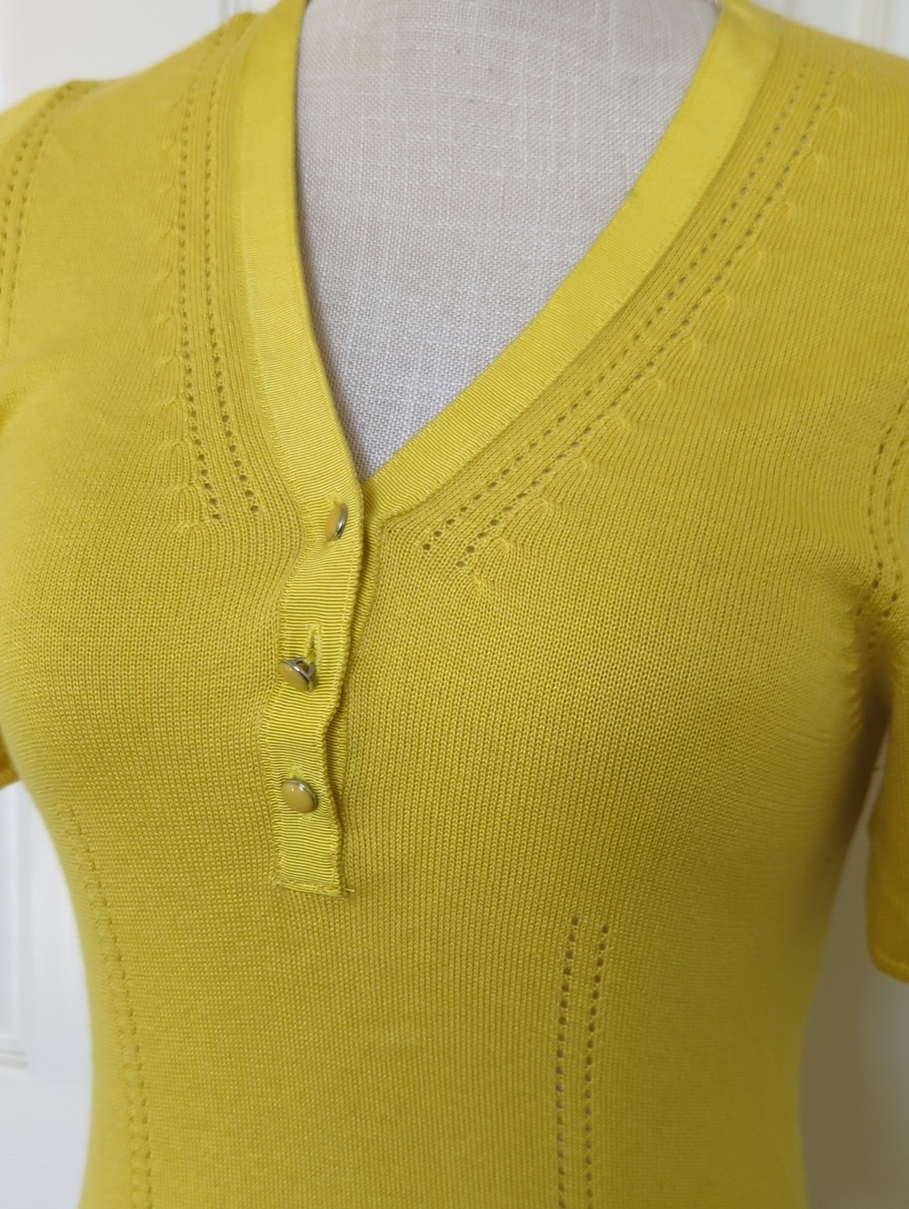 Lela Rose Silk And Cashmere Yellow V-Neck Short Sleeve Knit Top - Picture 3 of 7